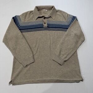 Marine Layer Elias Sweater Polo Mens Large Tan Blue Stripe Merino Wool 16169